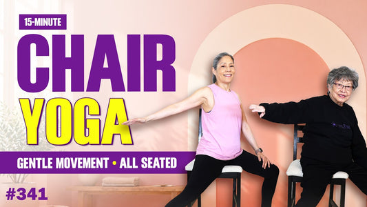 Mom and April seated in chairs, reaching their arms out to the side, with the words 15-Minute Chair Yoga, Gentle Movement, All Seated