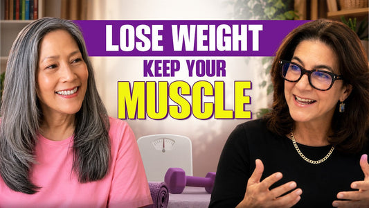 April Hattori and nutritionist Heidi Skolnik discussing GLP-1s after 50, with the words: Lose weight, keep your muscle