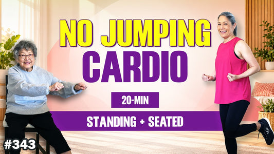 Mom seated in a chair and April standing, both with fists raised in front of them, with the words No Jumping Cardio, 20-Min, Standing + Seated
