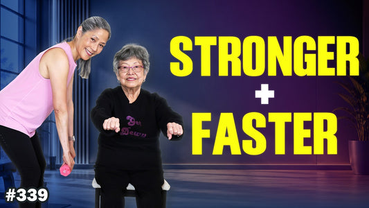 April holding a dumbbell and Mom seated in a chair reaching forward, with the words Stronger + Faster